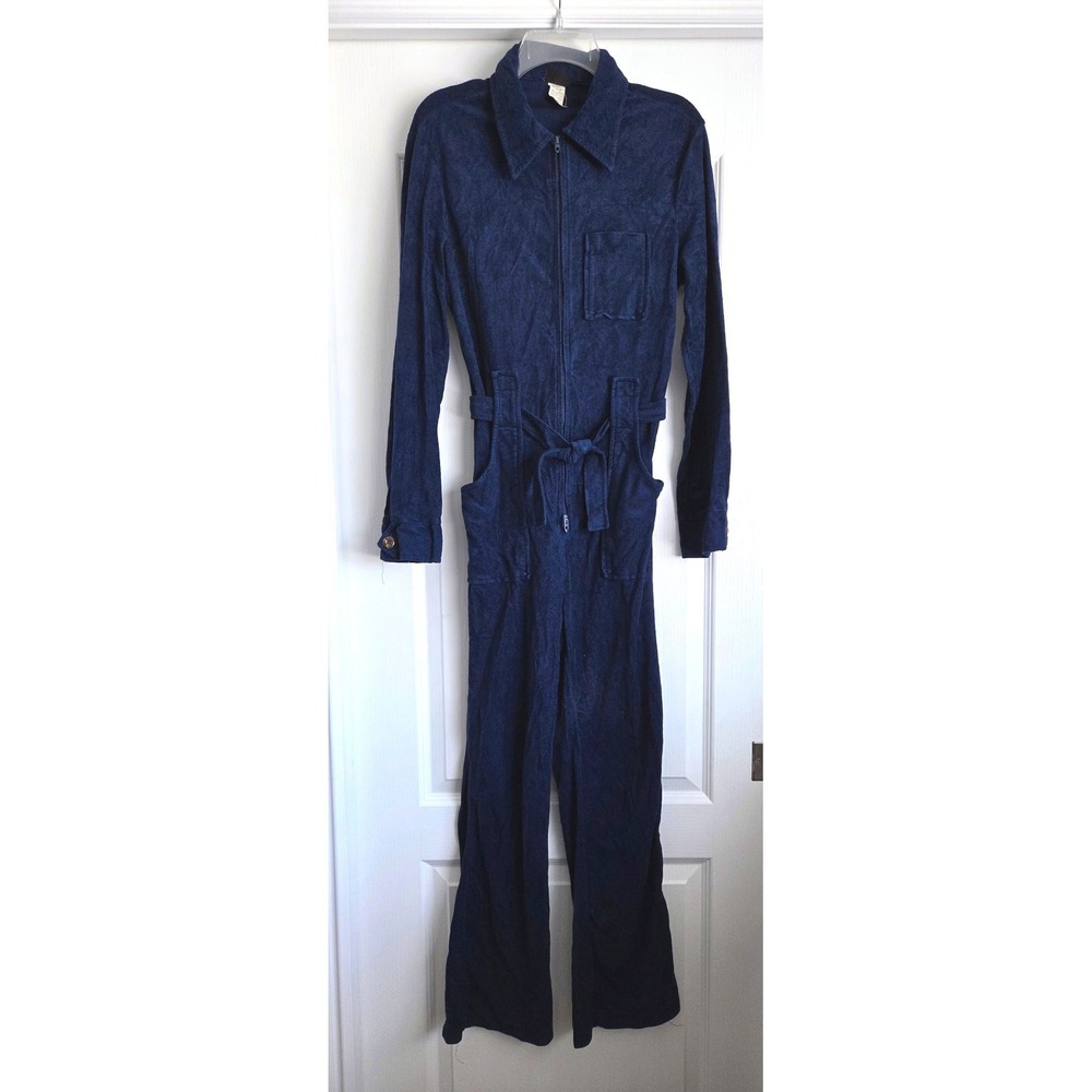 VTG 70s Sears Mens Navy Blue Velour Jumpsuit Perma-Prest Talon Zip Medium